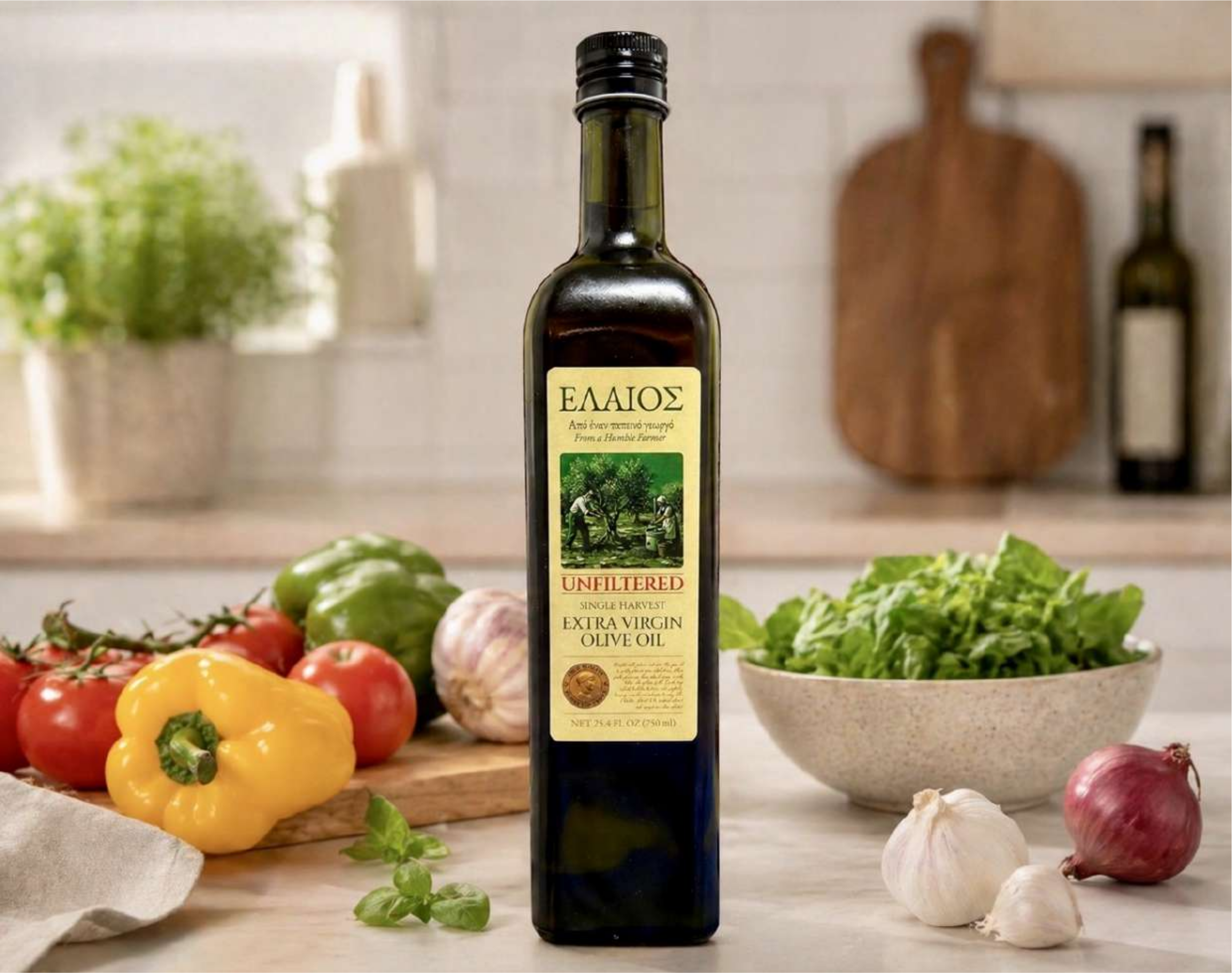 Elaios Greek extra virgin olive oil served with fresh greens at the table